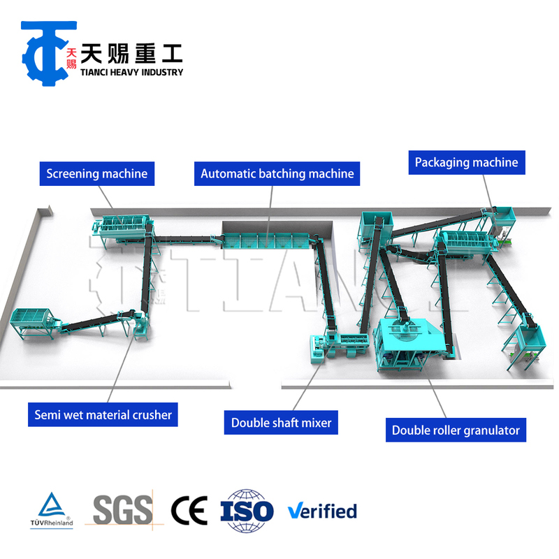 Línea completa de producción de fertilizantes compuestos con granulador de extrusión de doble rodillo para granulados de fertilizantes NPK, fosfato de amonio y potasio de alta resistencia